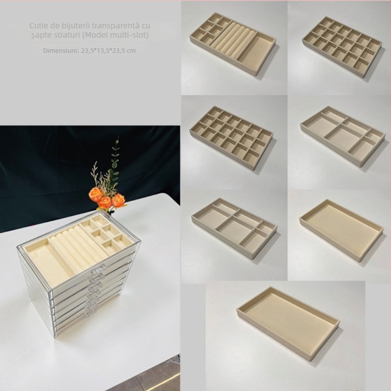 Cutie de bijuterii cu 7 etaje, mare capacitate pentru cercei și coliere, depozitare pe birou, rezistentă la praf și umiditate, plastic, design simplu modern