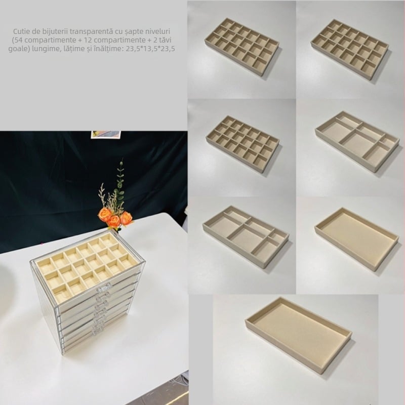 Cutie de bijuterii cu 7 etaje, mare capacitate pentru cercei și coliere, depozitare pe birou, rezistentă la praf și umiditate, plastic, design simplu modern