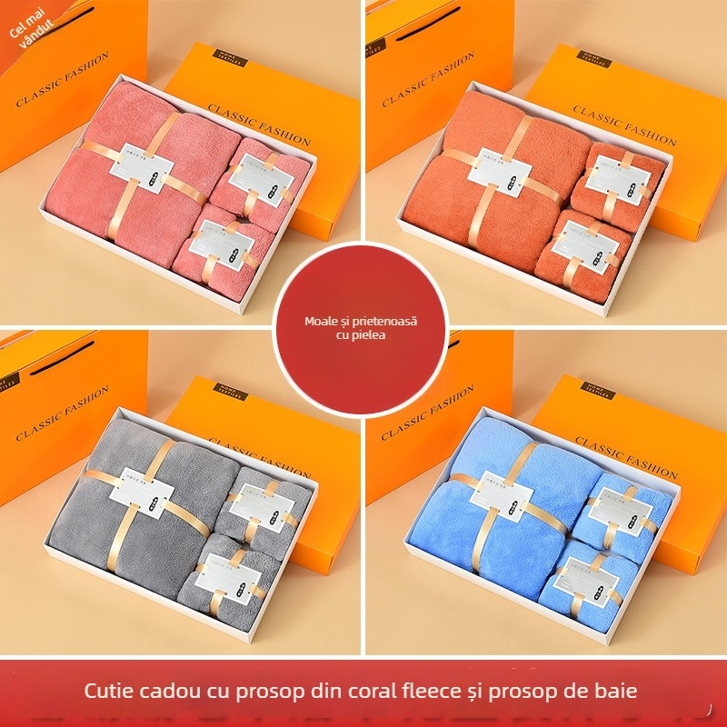 Set de prosoape din coral fleece în cutie cadou, trei piese, posibilitate de personalizare a logo-ului, 450/300 g, producție: velur tăiat, țesătură simplă