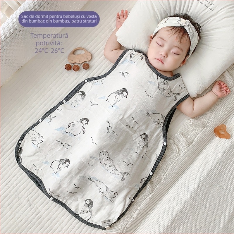 Sac de dormit pentru bebeluți, în stil vestă, din bambus-cotton gază, patru straturi, căptușeală lavabilă, pentru copii 0–6 ani, respirabil și care absoarbe umezeala