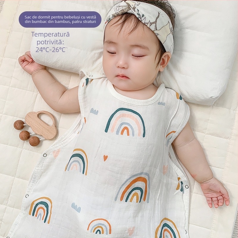 Sac de dormit pentru bebeluți, în stil vestă, din bambus-cotton gază, patru straturi, căptușeală lavabilă, pentru copii 0–6 ani, respirabil și care absoarbe umezeala