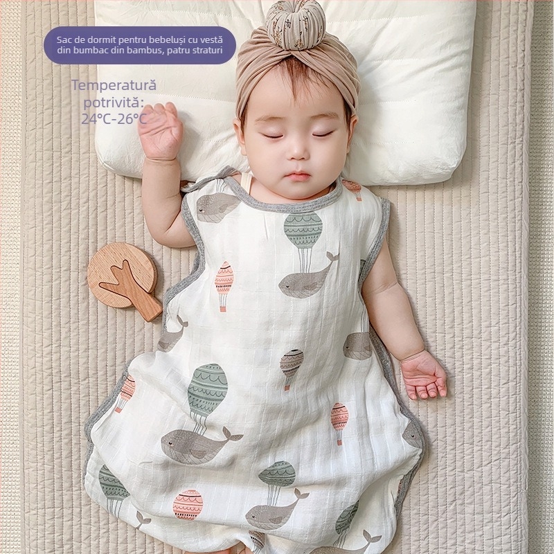 Sac de dormit pentru bebeluți, în stil vestă, din bambus-cotton gază, patru straturi, căptușeală lavabilă, pentru copii 0–6 ani, respirabil și care absoarbe umezeala