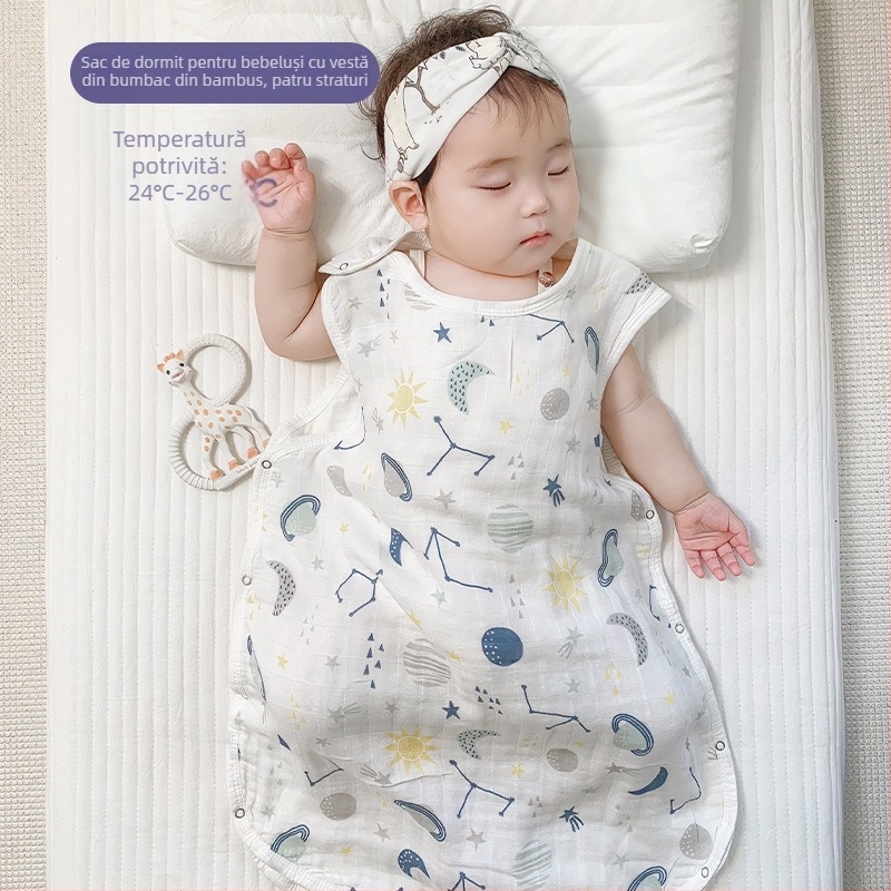 Sac de dormit pentru bebeluți, în stil vestă, din bambus-cotton gază, patru straturi, căptușeală lavabilă, pentru copii 0–6 ani, respirabil și care absoarbe umezeala