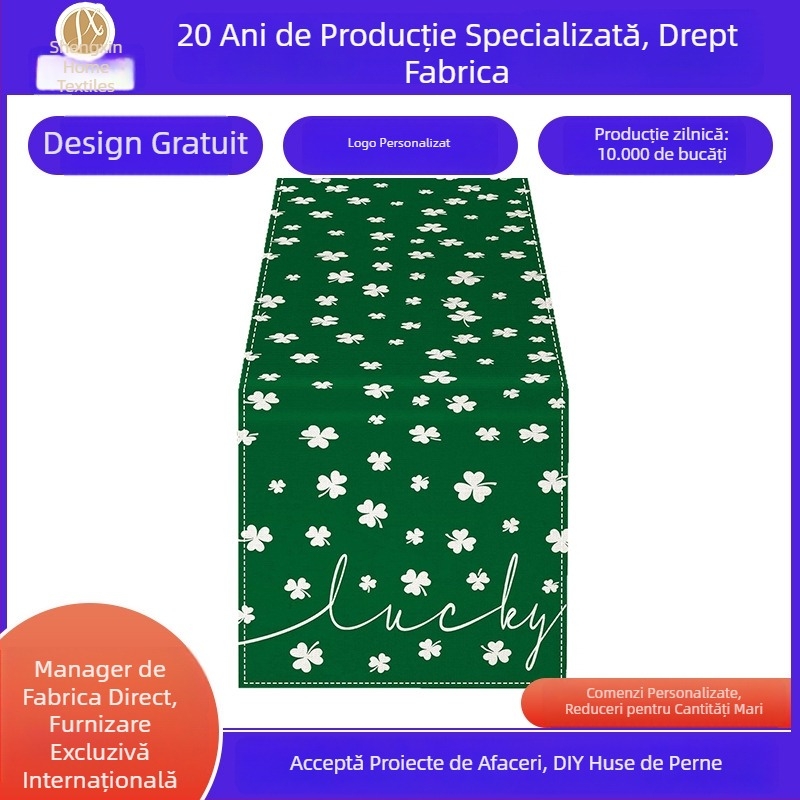 Runner pentru masă din in cu trifoi Sfântul Patrick, personalizabil, 80% in + 20% poliester