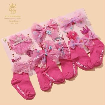 Set de 5 piese accesorii pentru păr pentru copii, cu funda, lucrat manual, pentru sugari 0–3 ani, șosete din bumbac 100%