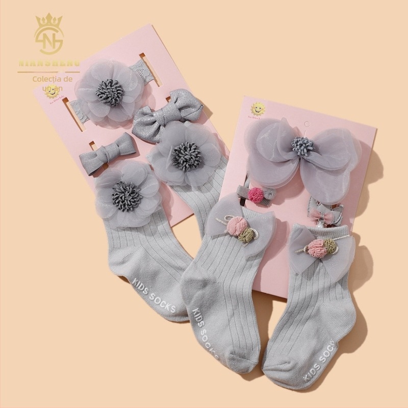 Set de 5 piese accesorii pentru păr pentru copii, cu funda, lucrat manual, pentru sugari 0–3 ani, șosete din bumbac 100%