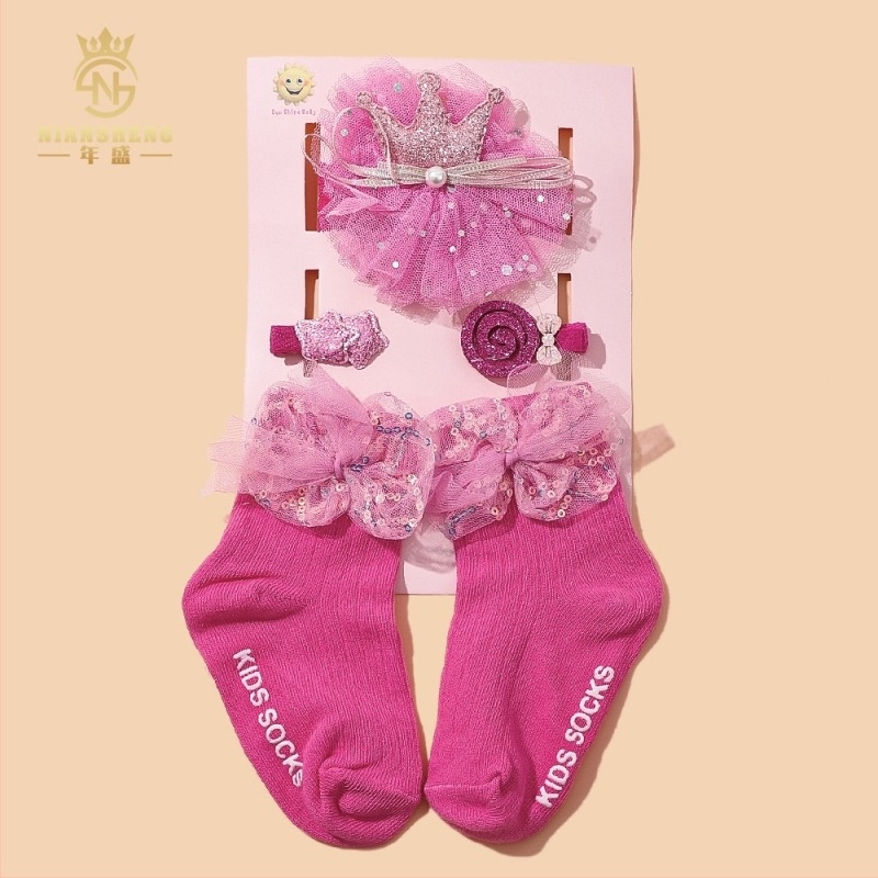 Set de 5 piese accesorii pentru păr pentru copii, cu funda, lucrat manual, pentru sugari 0–3 ani, șosete din bumbac 100%