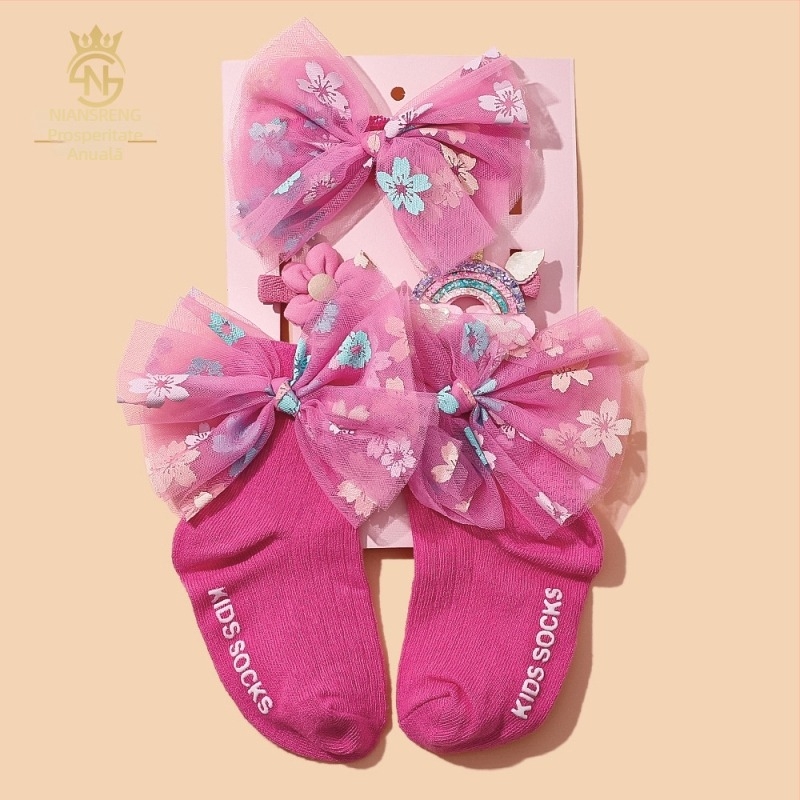 Set de 5 piese accesorii pentru păr pentru copii, cu funda, lucrat manual, pentru sugari 0–3 ani, șosete din bumbac 100%