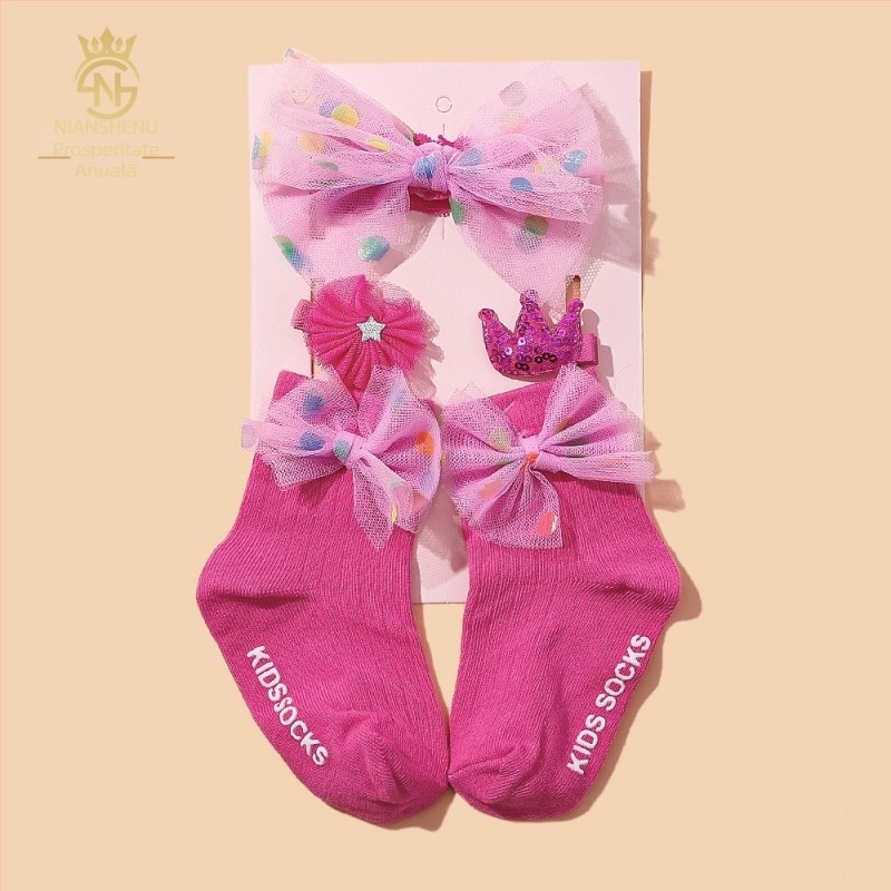 Set de 5 piese accesorii pentru păr pentru copii, cu funda, lucrat manual, pentru sugari 0–3 ani, șosete din bumbac 100%