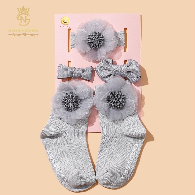 Set de 5 piese accesorii pentru păr pentru copii, cu funda, lucrat manual, pentru sugari 0–3 ani, șosete din bumbac 100%