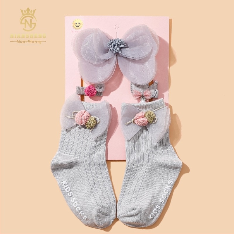 Set de 5 piese accesorii pentru păr pentru copii, cu funda, lucrat manual, pentru sugari 0–3 ani, șosete din bumbac 100%