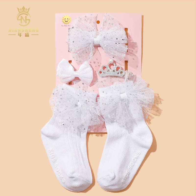 Set de 5 piese accesorii pentru păr pentru copii, cu funda, lucrat manual, pentru sugari 0–3 ani, șosete din bumbac 100%