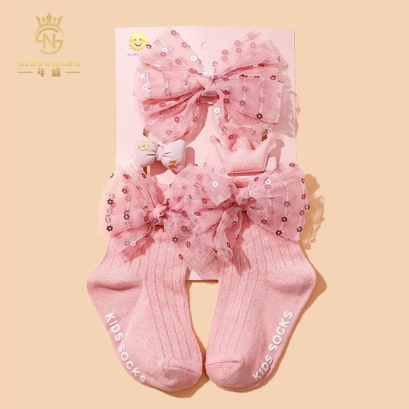 Set de 5 piese accesorii pentru păr pentru copii, cu funda, lucrat manual, pentru sugari 0–3 ani, șosete din bumbac 100%