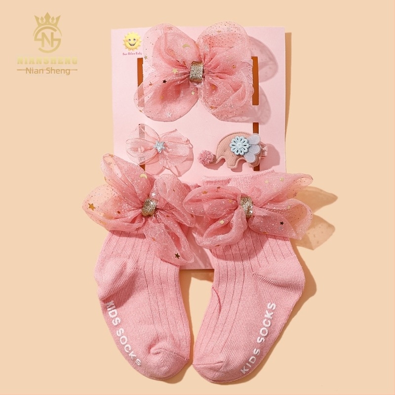 Set de 5 piese accesorii pentru păr pentru copii, cu funda, lucrat manual, pentru sugari 0–3 ani, șosete din bumbac 100%