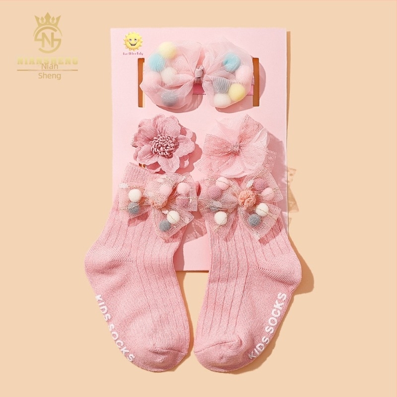 Set de 5 piese accesorii pentru păr pentru copii, cu funda, lucrat manual, pentru sugari 0–3 ani, șosete din bumbac 100%