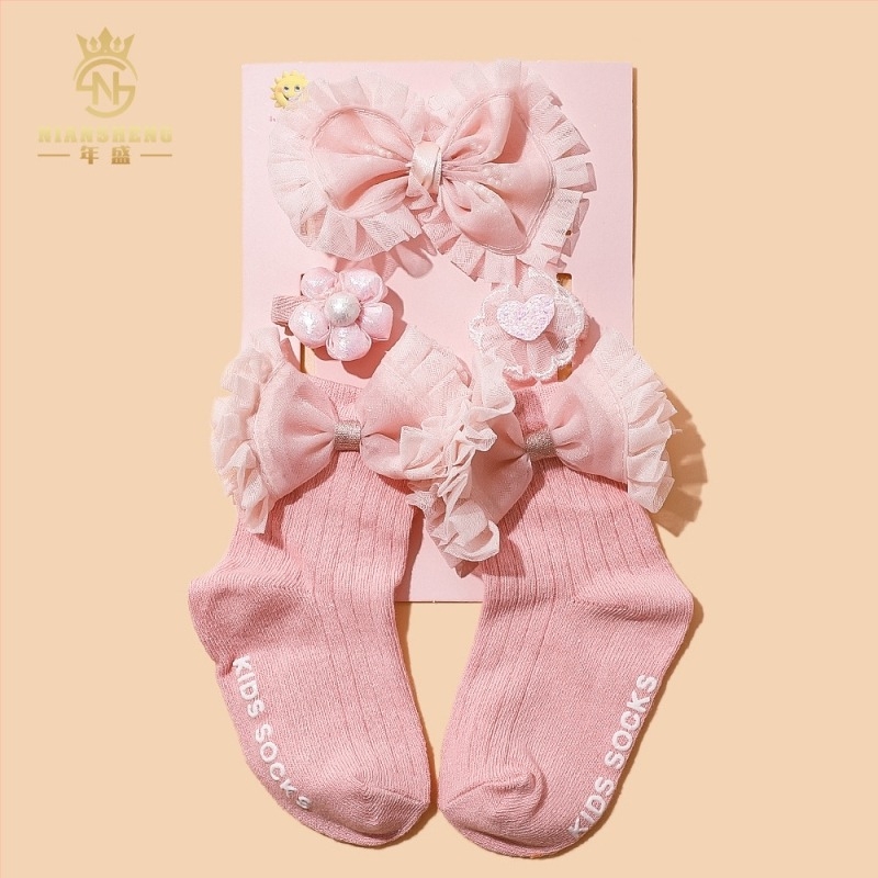 Set de 5 piese accesorii pentru păr pentru copii, cu funda, lucrat manual, pentru sugari 0–3 ani, șosete din bumbac 100%