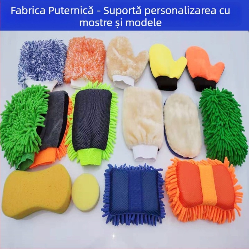 Mănușă de spălat mașini cu bloc de burete chenille, 70 g, fire combed yarn, 32 fibre, curățare puternică și absorbție ridicată