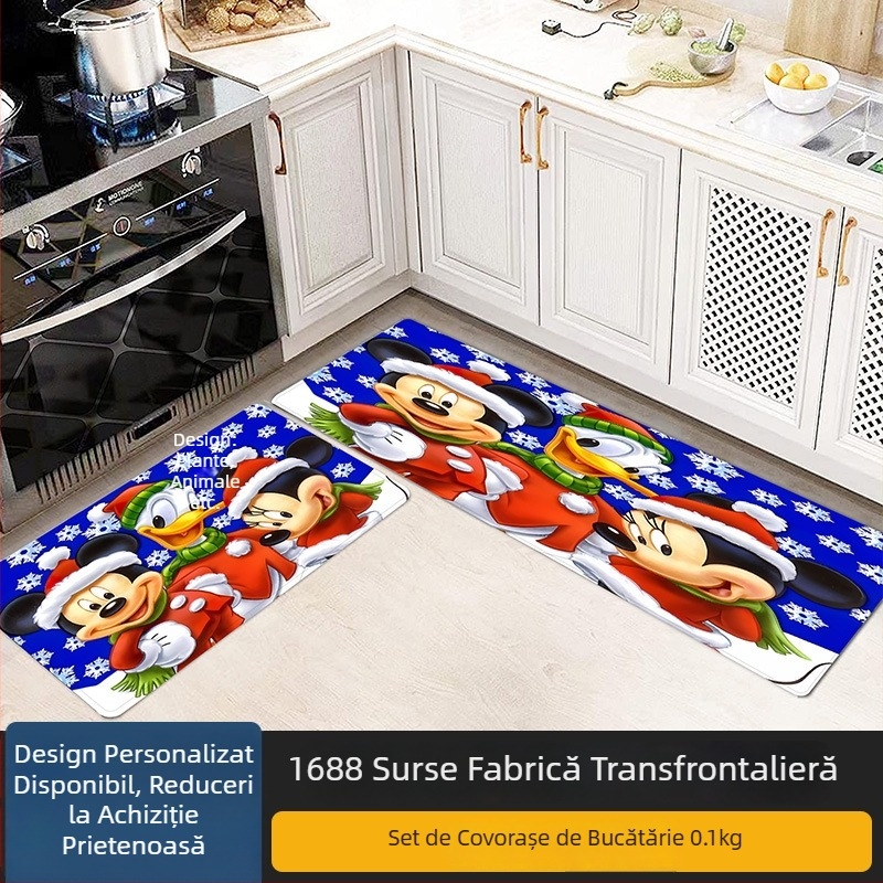 Set de două covorașe de bucătărie din catifea, antiderapante, model desen animat, stil modern minimalist