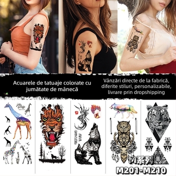 Autocolant tatuaj 3D pentru jumătate de braț, cu tigru, lup și cerb; transfer prin apă; personalizabil; cu logo tipărit; producție semi-manuală