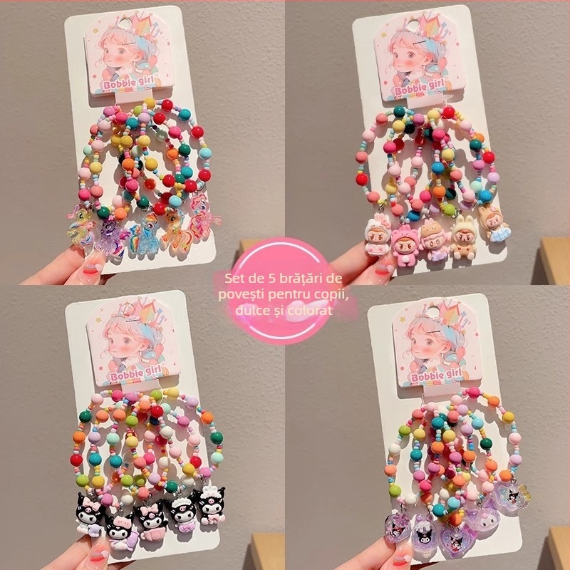 Brățară pentru copii, handmade, din plastic/rezină, cu design de personaj de desene animate, stil coreean, set de 5 bucăți, ambalaj individual.