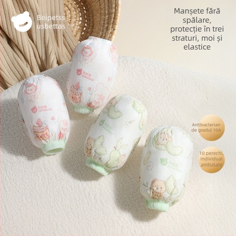 Manșete de unică folosință pentru copii — impermeabile, anti-murdărire, rezistente la ulei; model Cartoon; Beites; pentru copii sub 1 an; materiale: țesătură nețesută, peliculă PE, elastan