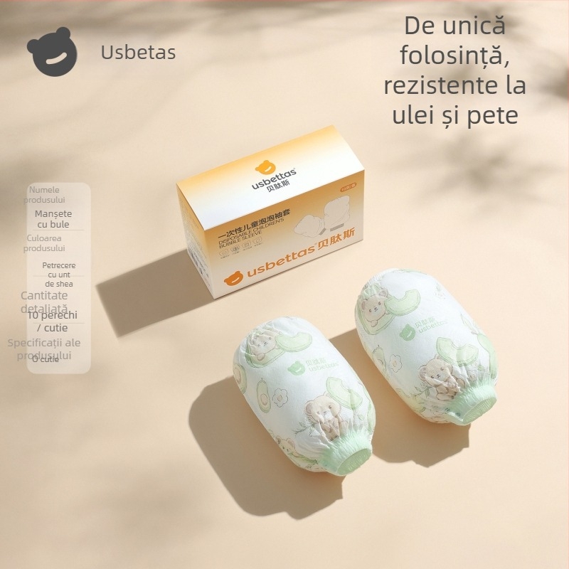 Manșete de unică folosință pentru copii — impermeabile, anti-murdărire, rezistente la ulei; model Cartoon; Beites; pentru copii sub 1 an; materiale: țesătură nețesută, peliculă PE, elastan