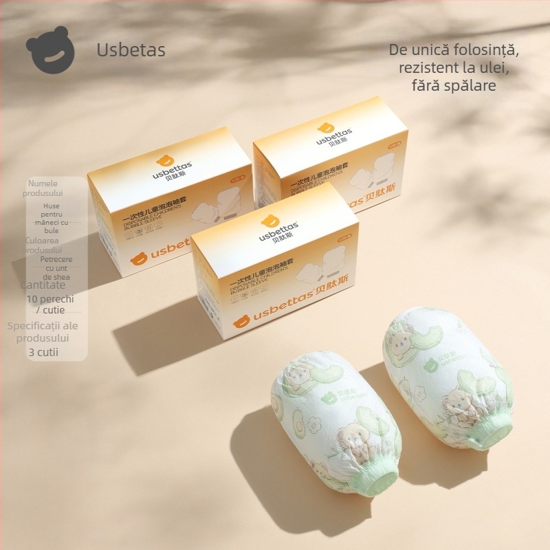 Manșete de unică folosință pentru copii — impermeabile, anti-murdărire, rezistente la ulei; model Cartoon; Beites; pentru copii sub 1 an; materiale: țesătură nețesută, peliculă PE, elastan