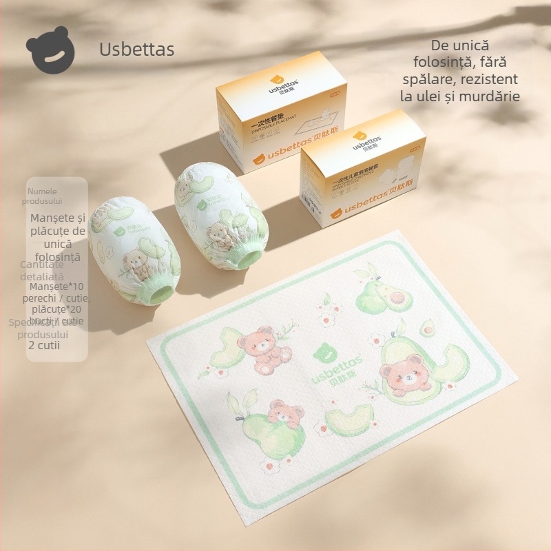 Manșete de unică folosință pentru copii — impermeabile, anti-murdărire, rezistente la ulei; model Cartoon; Beites; pentru copii sub 1 an; materiale: țesătură nețesută, peliculă PE, elastan