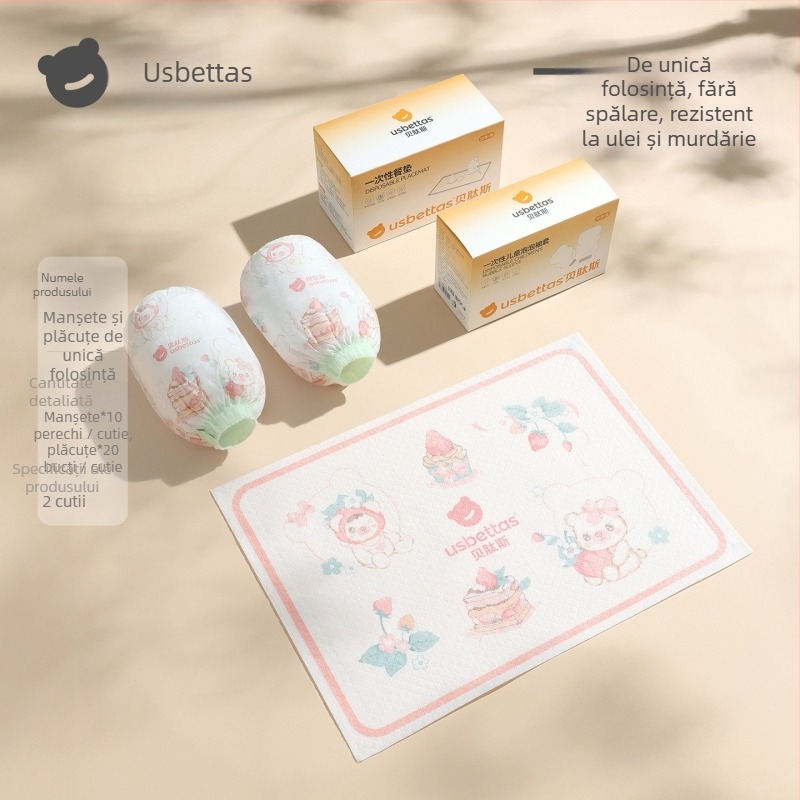 Manșete de unică folosință pentru copii — impermeabile, anti-murdărire, rezistente la ulei; model Cartoon; Beites; pentru copii sub 1 an; materiale: țesătură nețesută, peliculă PE, elastan