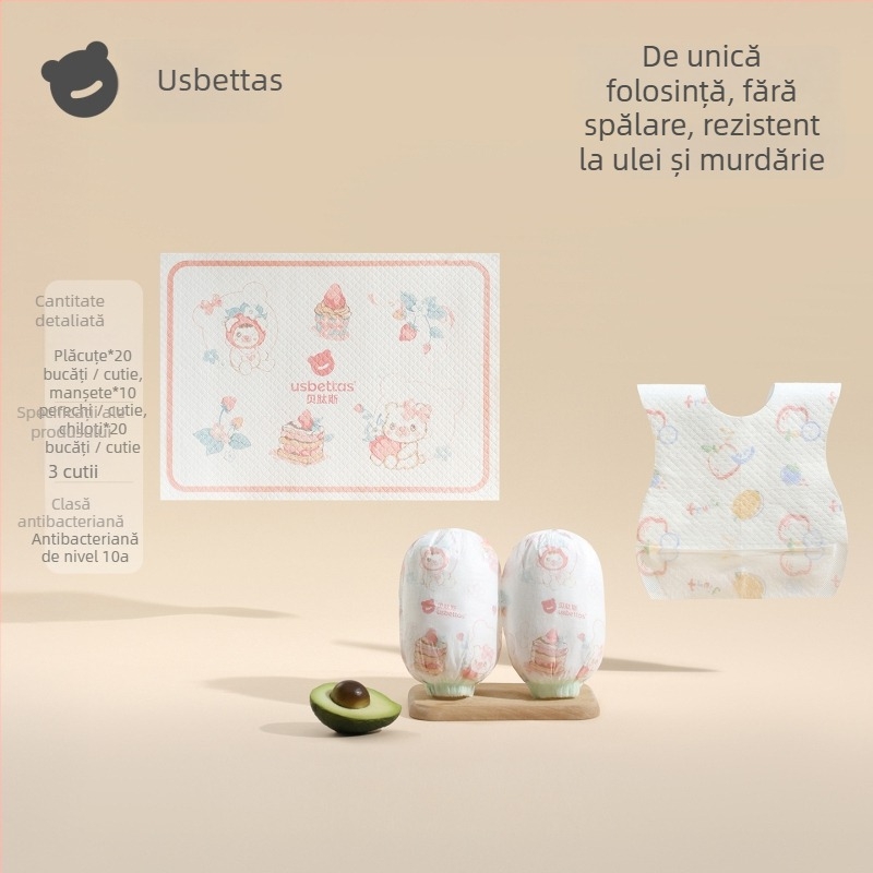 Manșete de unică folosință pentru copii — impermeabile, anti-murdărire, rezistente la ulei; model Cartoon; Beites; pentru copii sub 1 an; materiale: țesătură nețesută, peliculă PE, elastan