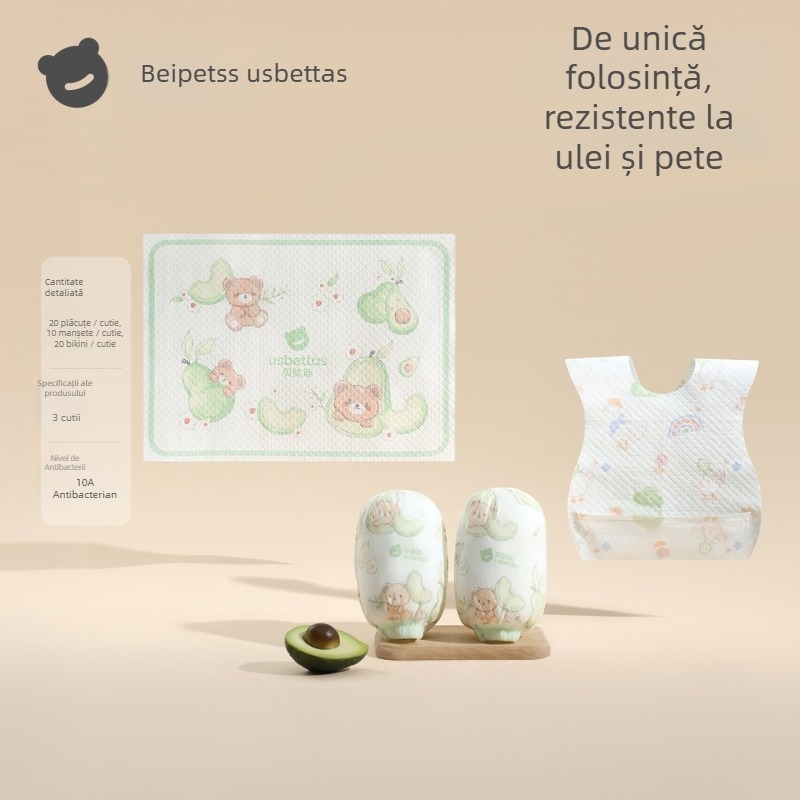 Manșete de unică folosință pentru copii — impermeabile, anti-murdărire, rezistente la ulei; model Cartoon; Beites; pentru copii sub 1 an; materiale: țesătură nețesută, peliculă PE, elastan