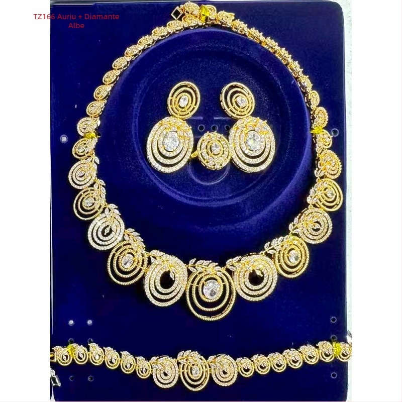 Set de bijuterii din cupru cu zirconiu: colier, cercei, brățară și inel în stil etnic exotic