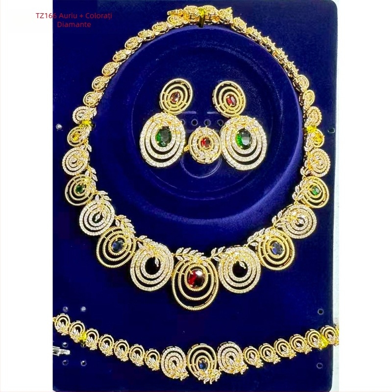 Set de bijuterii din cupru cu zirconiu: colier, cercei, brățară și inel în stil etnic exotic