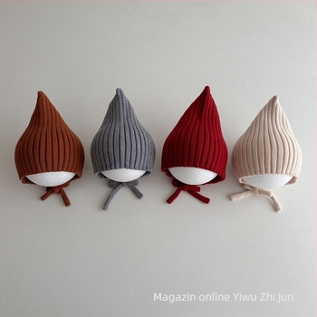 Șapcă tricotată pentru bebeluși, cu vârf ascuțit și șiret de fixare, protecție pentru urechi; caldă și rezistentă la vânt, pentru iarnă, 6–12 luni