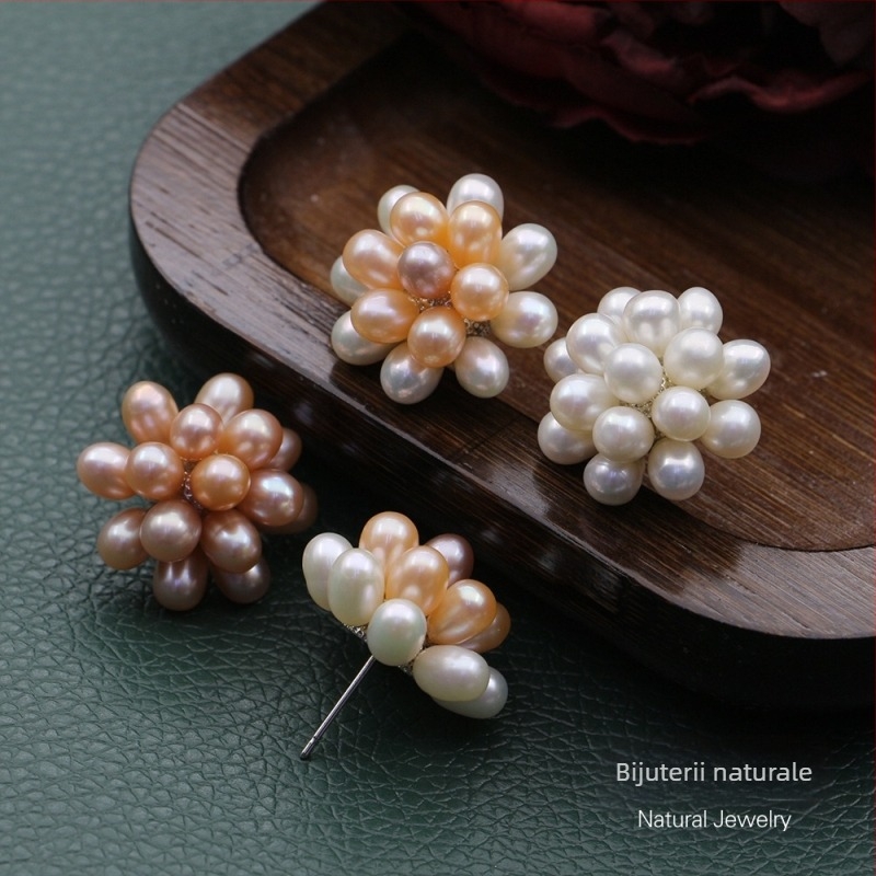 Cercei cu perle naturale de apă dulce, sferă floral împletită manual, bijuterii în stil popcorn