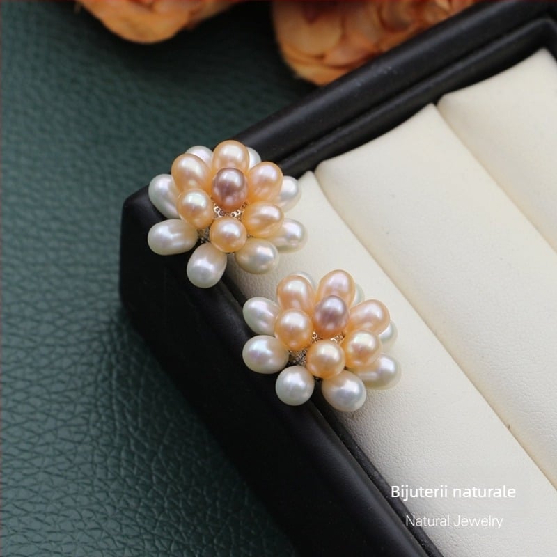 Cercei cu perle naturale de apă dulce, sferă floral împletită manual, bijuterii în stil popcorn