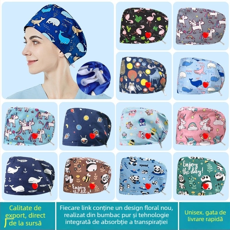 Șapcă chirurgicală din bumbac imprimată, cu bandă elastică, pentru assistente și medici, cu model desen animat