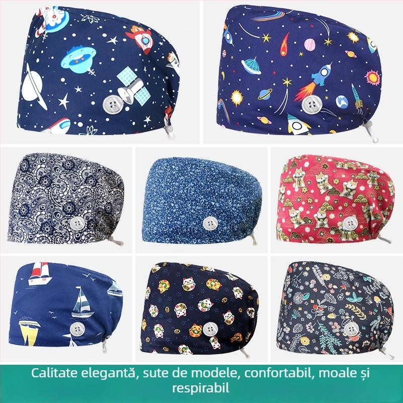 Șapcă chirurgicală din bumbac imprimată, cu bandă elastică, pentru assistente și medici, cu model desen animat
