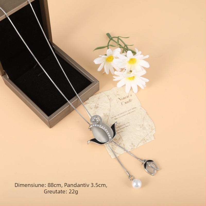 Stil coreean: Colier lung pentru pulover, cu motiv floral, lanț din aliaj cu bile, model în carouri