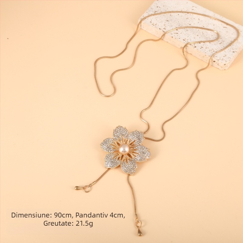 Stil coreean: Colier lung pentru pulover, cu motiv floral, lanț din aliaj cu bile, model în carouri