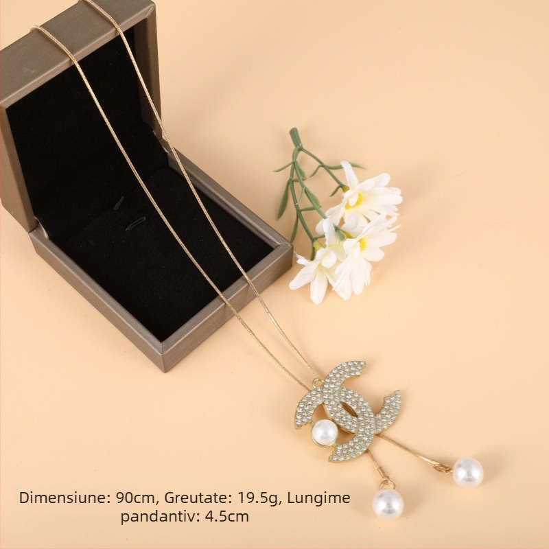 Stil coreean: Colier lung pentru pulover, cu motiv floral, lanț din aliaj cu bile, model în carouri