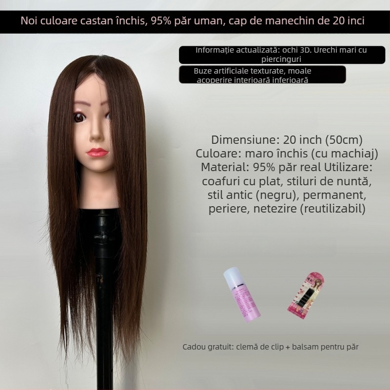 Model de cap XY-004 pentru practică în coafură, păr din amestec, păr lung drept cu breton plat sau înclinat, lungime mediu-lung