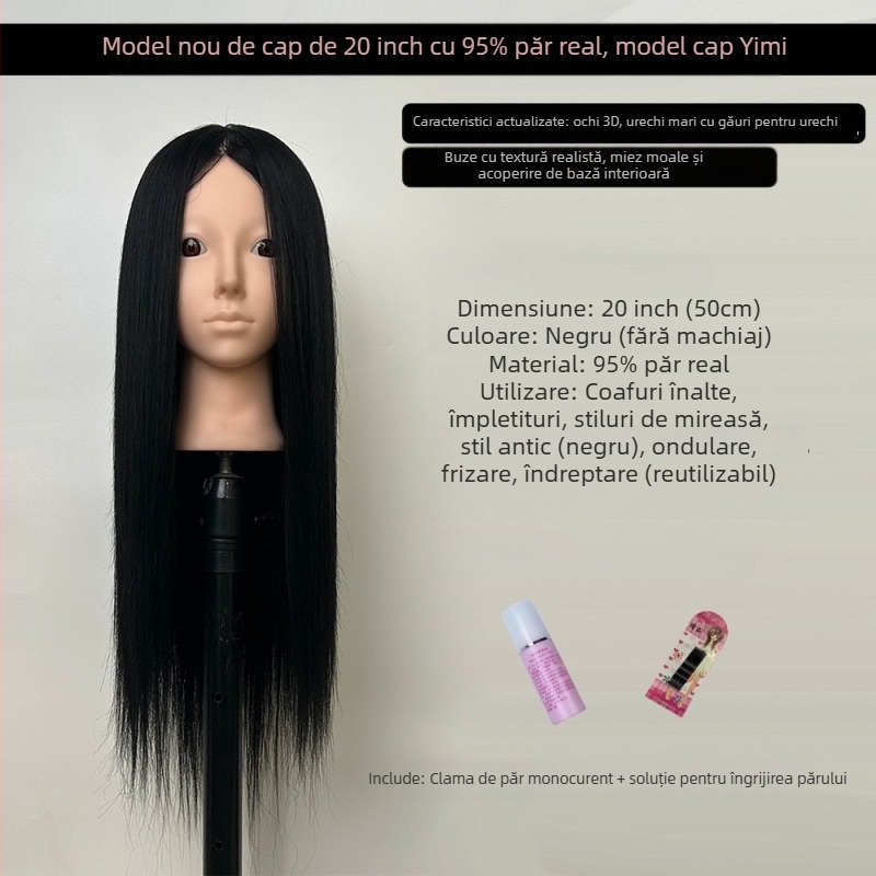 Model de cap XY-004 pentru practică în coafură, păr din amestec, păr lung drept cu breton plat sau înclinat, lungime mediu-lung