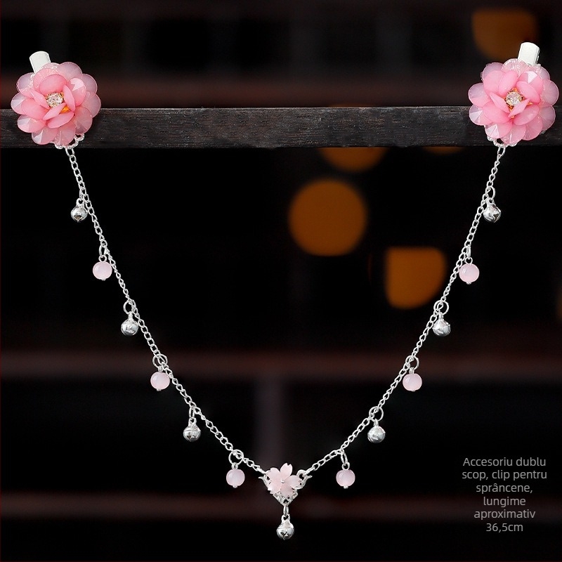 Ornament pentru frunte în stil Hanfu, aliaj, accesorii vintage pentru păr cu floare de camelia, tricotat manual, cod A355, origine Jinhua