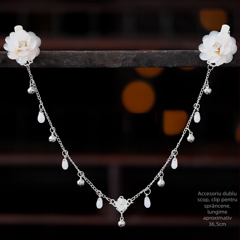 Ornament pentru frunte în stil Hanfu, aliaj, accesorii vintage pentru păr cu floare de camelia, tricotat manual, cod A355, origine Jinhua