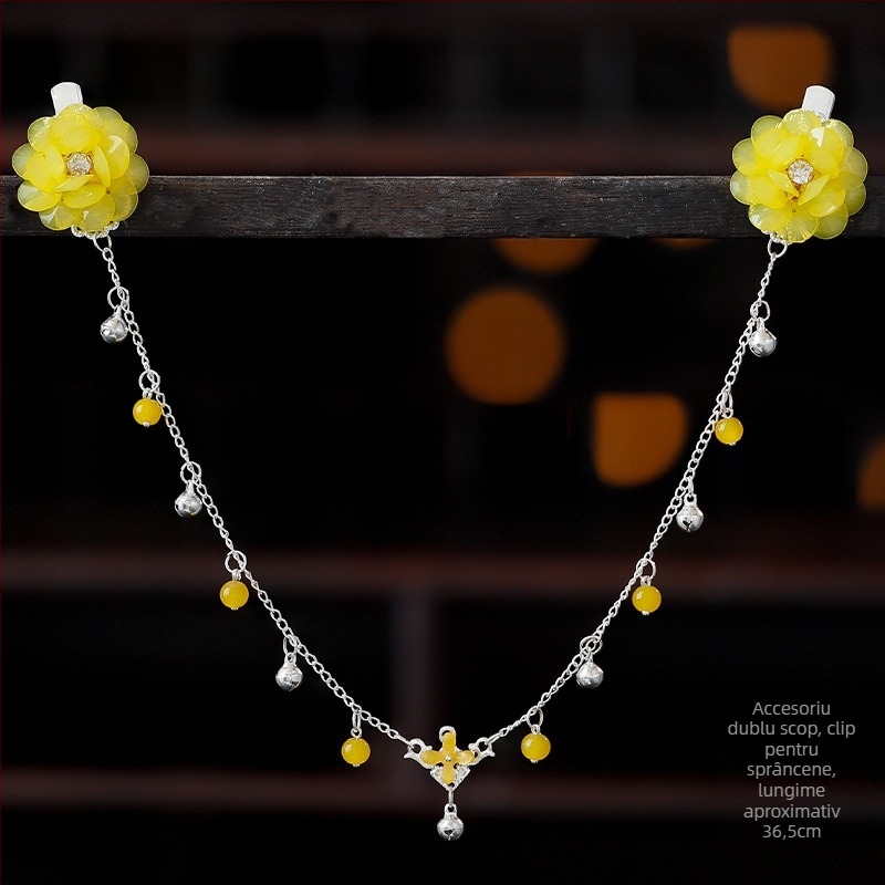 Ornament pentru frunte în stil Hanfu, aliaj, accesorii vintage pentru păr cu floare de camelia, tricotat manual, cod A355, origine Jinhua