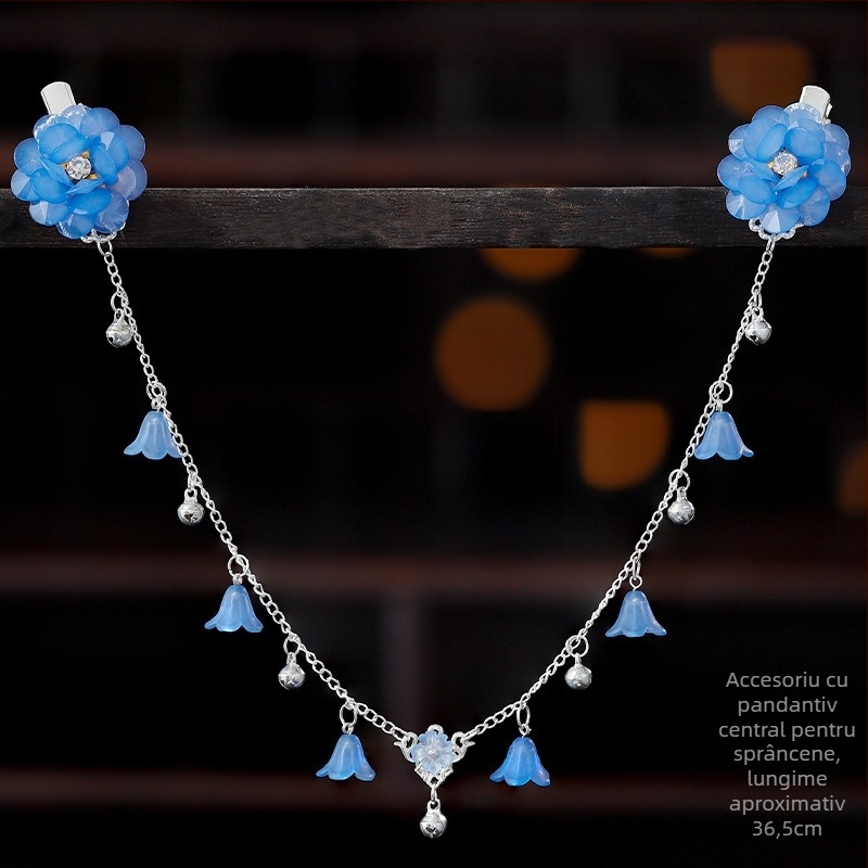 Ornament pentru frunte în stil Hanfu, aliaj, accesorii vintage pentru păr cu floare de camelia, tricotat manual, cod A355, origine Jinhua