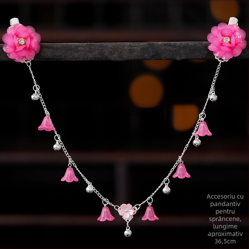 Ornament pentru frunte în stil Hanfu, aliaj, accesorii vintage pentru păr cu floare de camelia, tricotat manual, cod A355, origine Jinhua