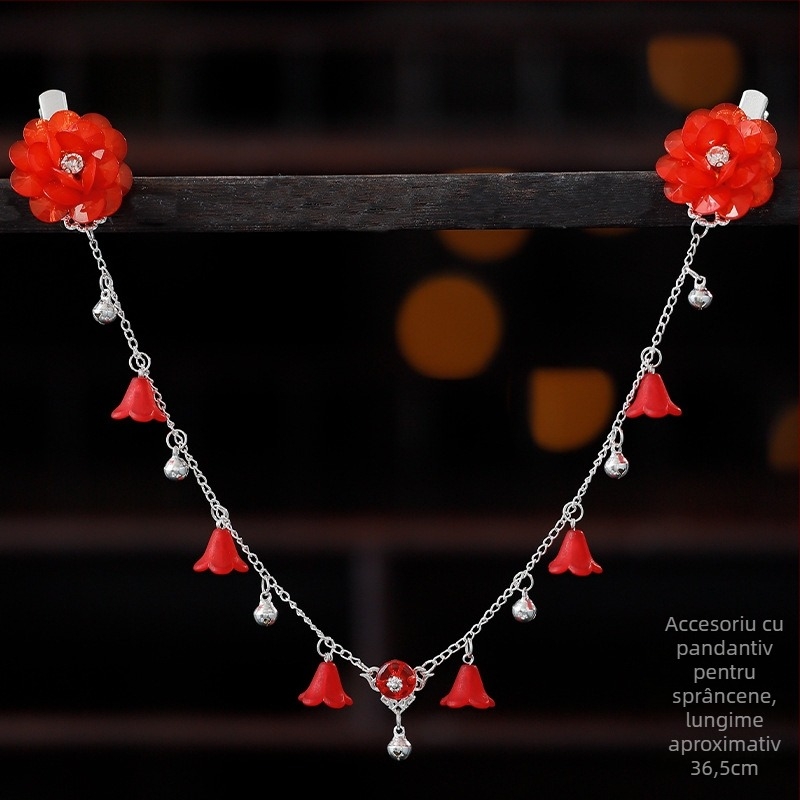 Ornament pentru frunte în stil Hanfu, aliaj, accesorii vintage pentru păr cu floare de camelia, tricotat manual, cod A355, origine Jinhua