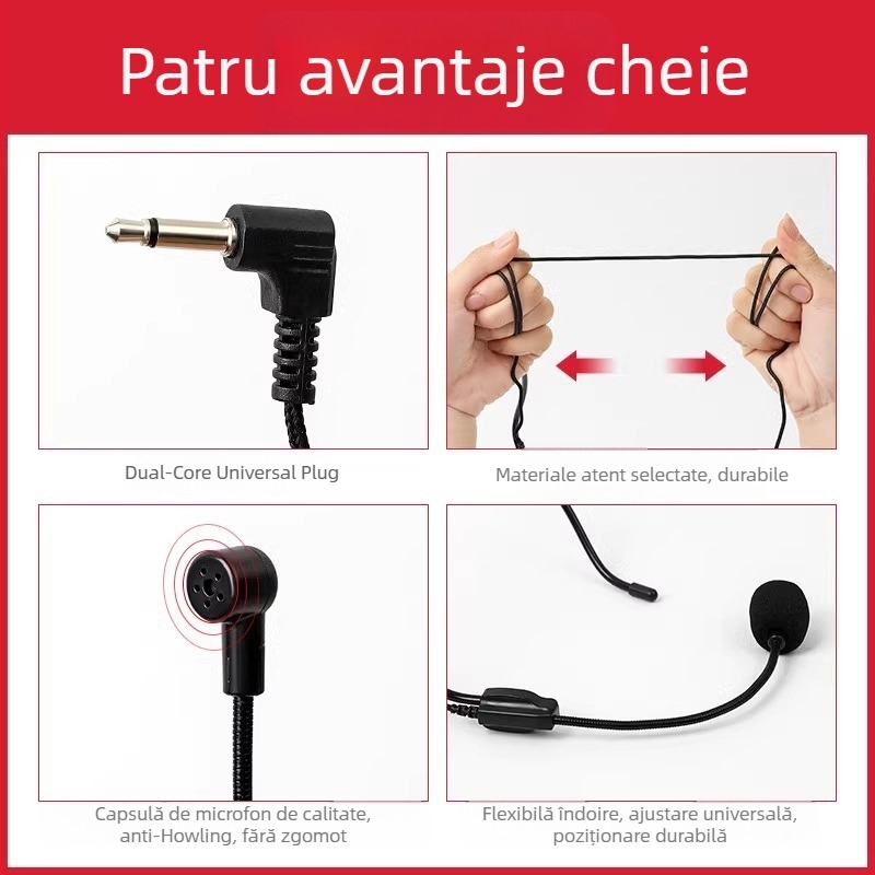 Microfon cu fir pentru profesori, microfon de conferință pentru prelegeri și transmisiuni live, cu bobină în mișcare, fără baterie